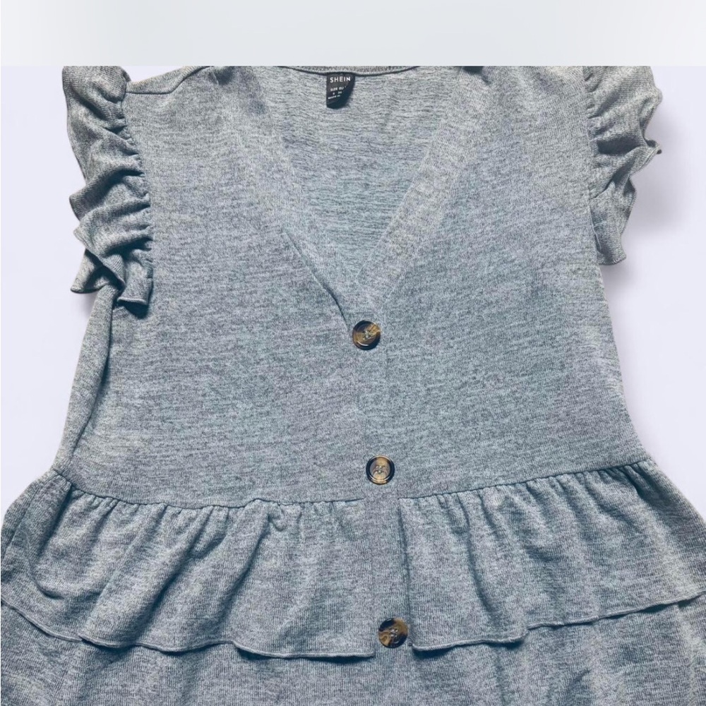 Gray/Blue  Ruffled Button-Down Top